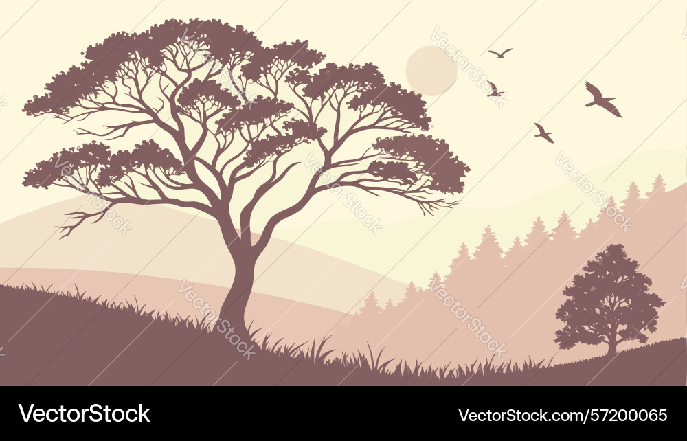 Graceful tree on a soft mountainous backdrop Vector Image