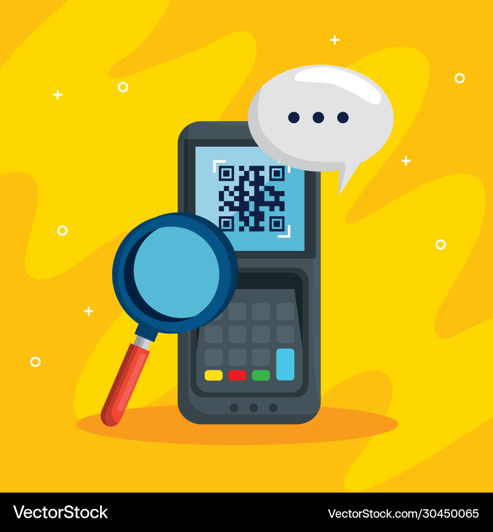 Qr code inside dataphone lupe and bubble vector image