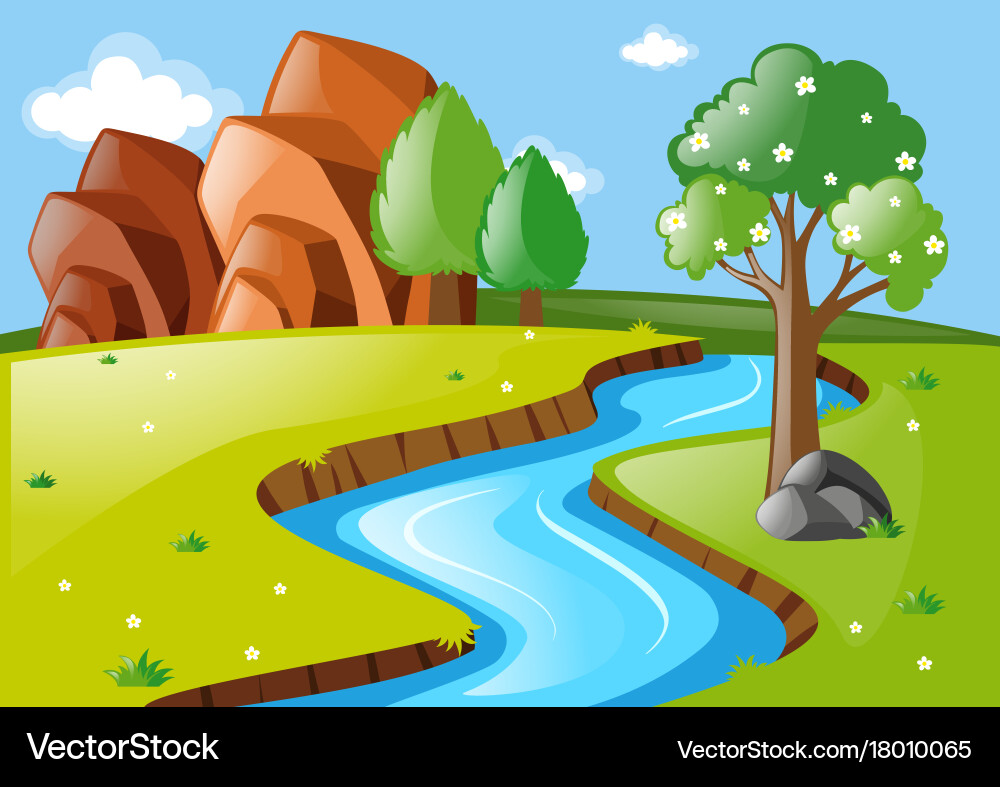 Scene with stream running through field Vector Image