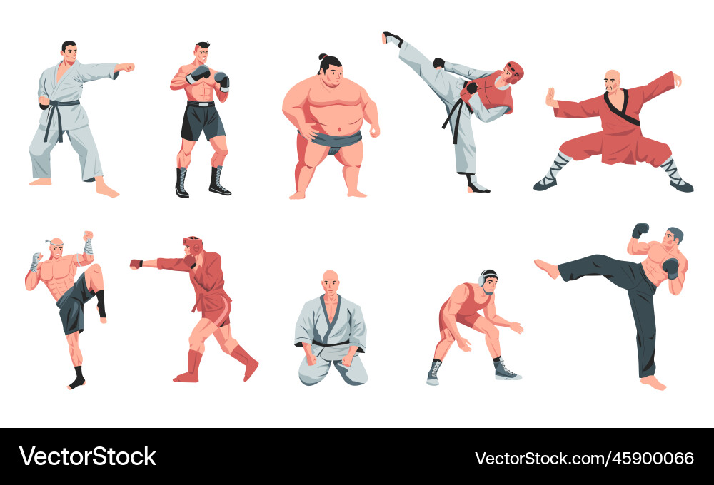 Martial arts fighters cartoon warrior characters vector image