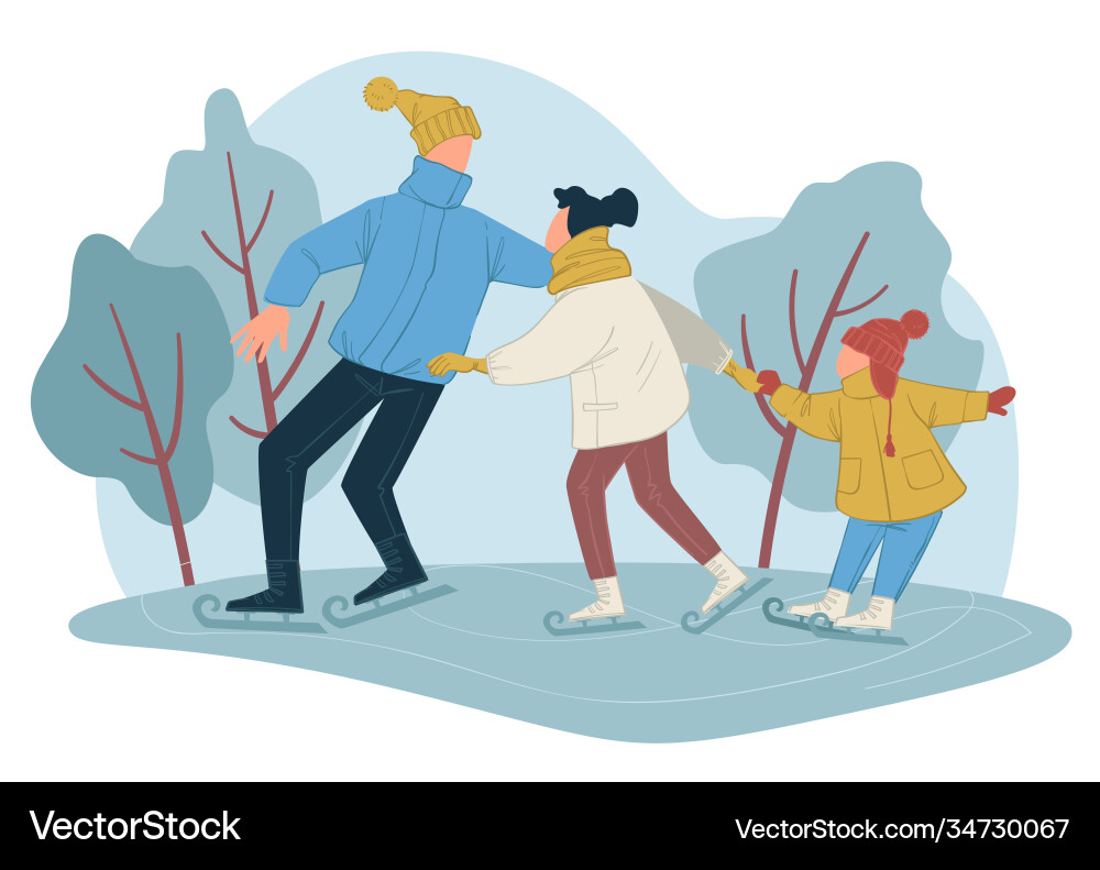 Parents and kid skating on ice rink in winter vector image