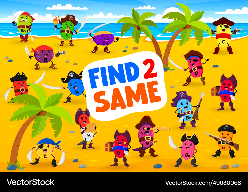 Find two same cartoon vitamin micronutrient pirate Find two same cartoon vitamin micronutrient pirate Vector Image