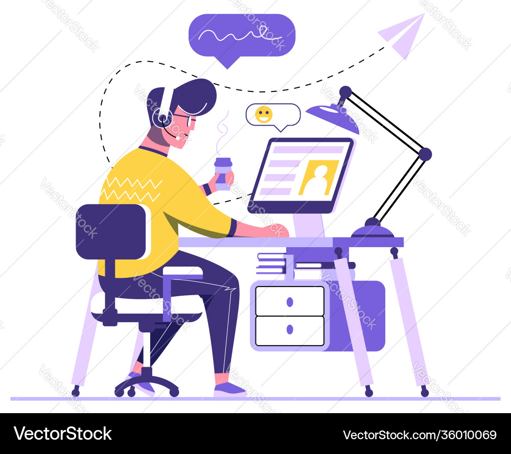 Handsome man is working on computer Handsome man is working on computer Vector Image