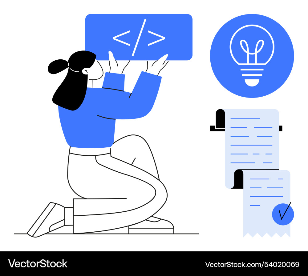 Programmer kneeling with code symbol Programmer kneeling with code symbol vector image