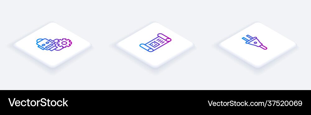 Set isometric line robot setting blueprint Set isometric line robot setting blueprint vector image