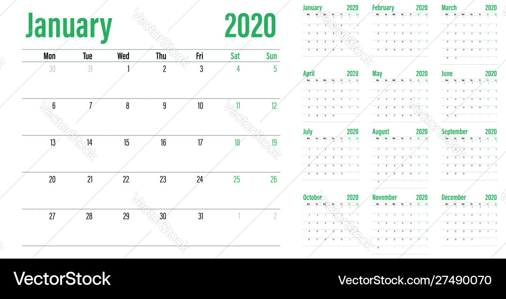 Calendar planner 2020 template Calendar planner 2020 template vector image