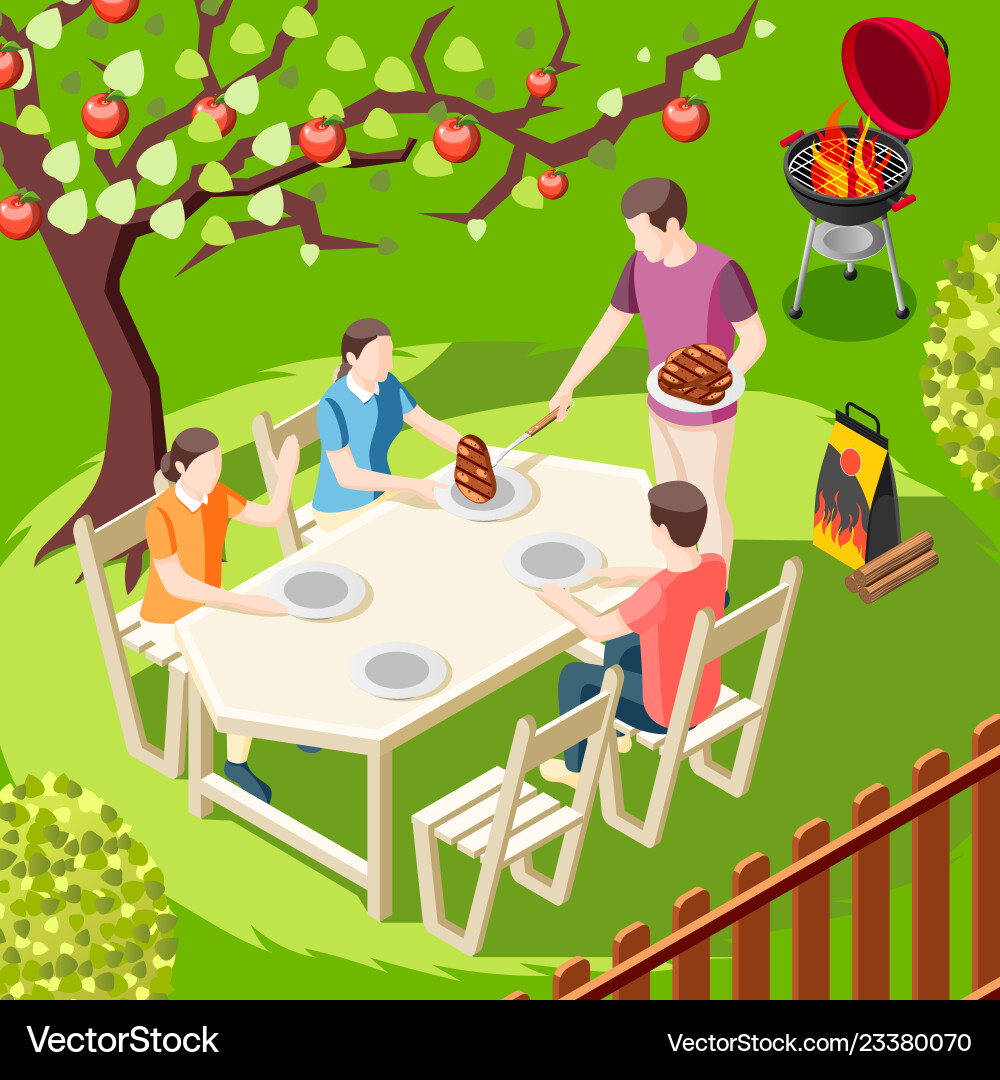 Family barbecue isometric background Family barbecue isometric background Vector Image