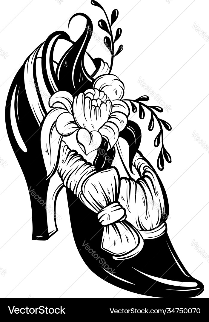 Frau Schuh mit Blumen und Bogen Tattoo Artwork Frau Schuh mit Blumen und Bogen Tattoo Artwork vektorbild