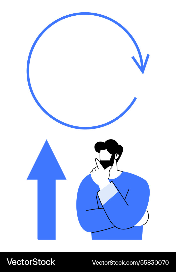 Man contemplating ideas with circular arrow Man contemplating ideas with circular arrow Vector Image