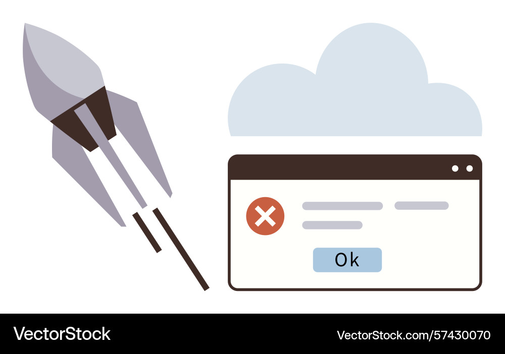 Rocket launching and error popup representing Rocket launching and error popup representing vector image