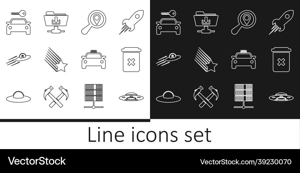 Set line ufo flying spaceship trash can search Set line ufo flying spaceship trash can search Vector Image
