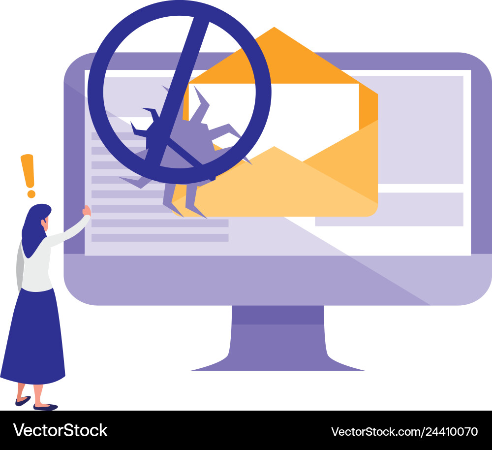 Woman using desktop with bug in email Woman using desktop with bug in email vector image