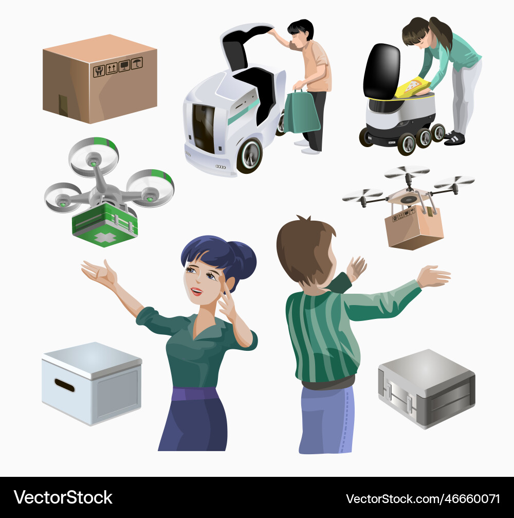 Collection with modern robots dron delivery Collection with modern robots dron delivery vector image