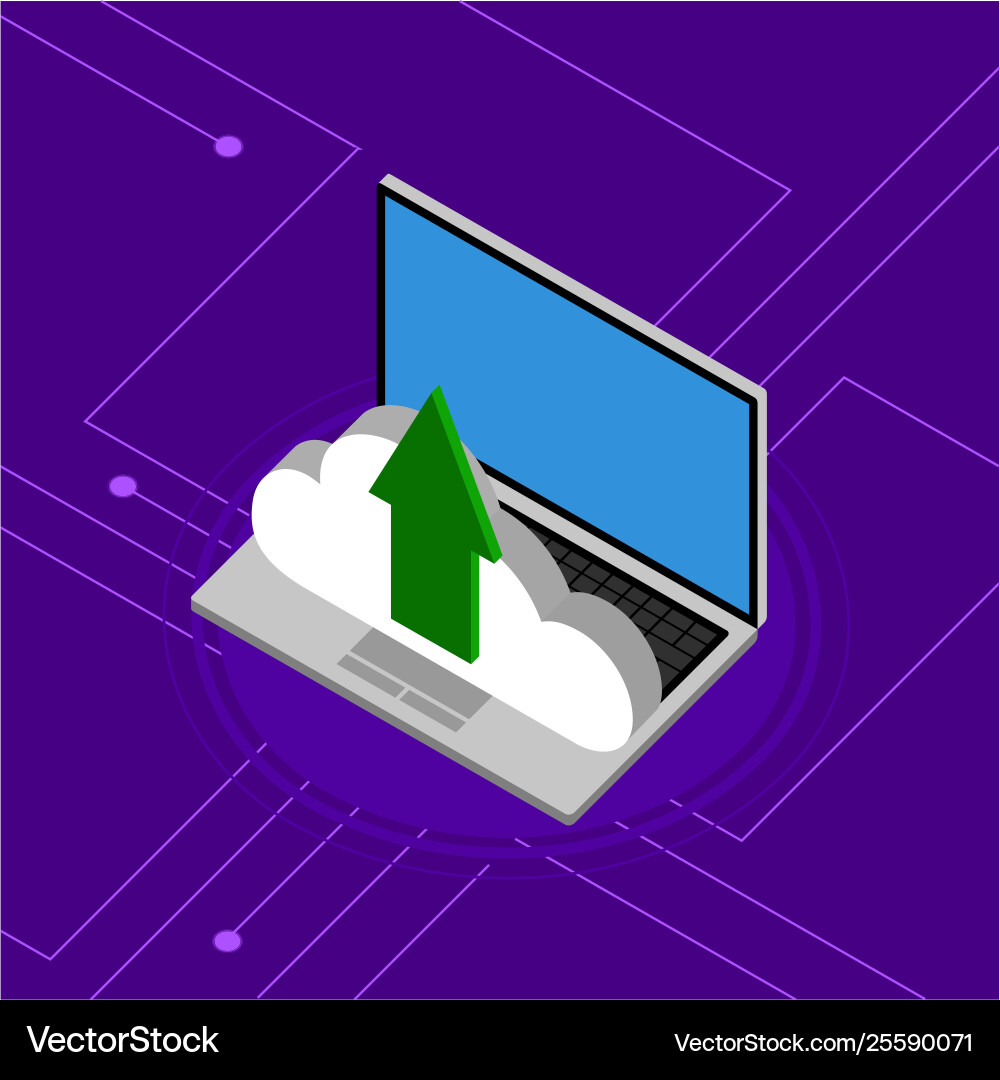 Laptop uploading to a 3d cloud computing icon vector image