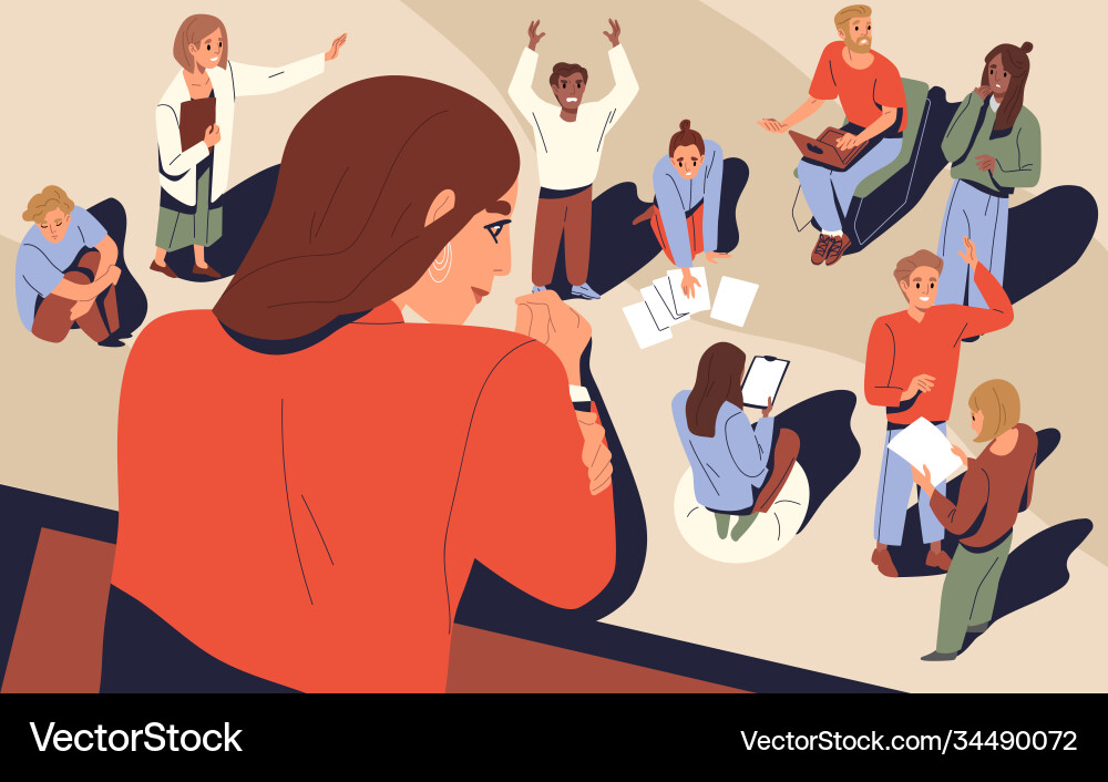 Female boss looking at company processes Female boss looking at company processes vector image