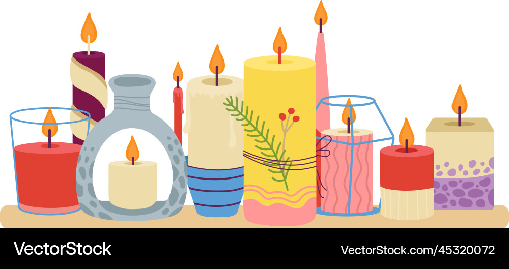 Wax candles on shelf decorative candle flame Wax candles on shelf decorative candle flame vector image