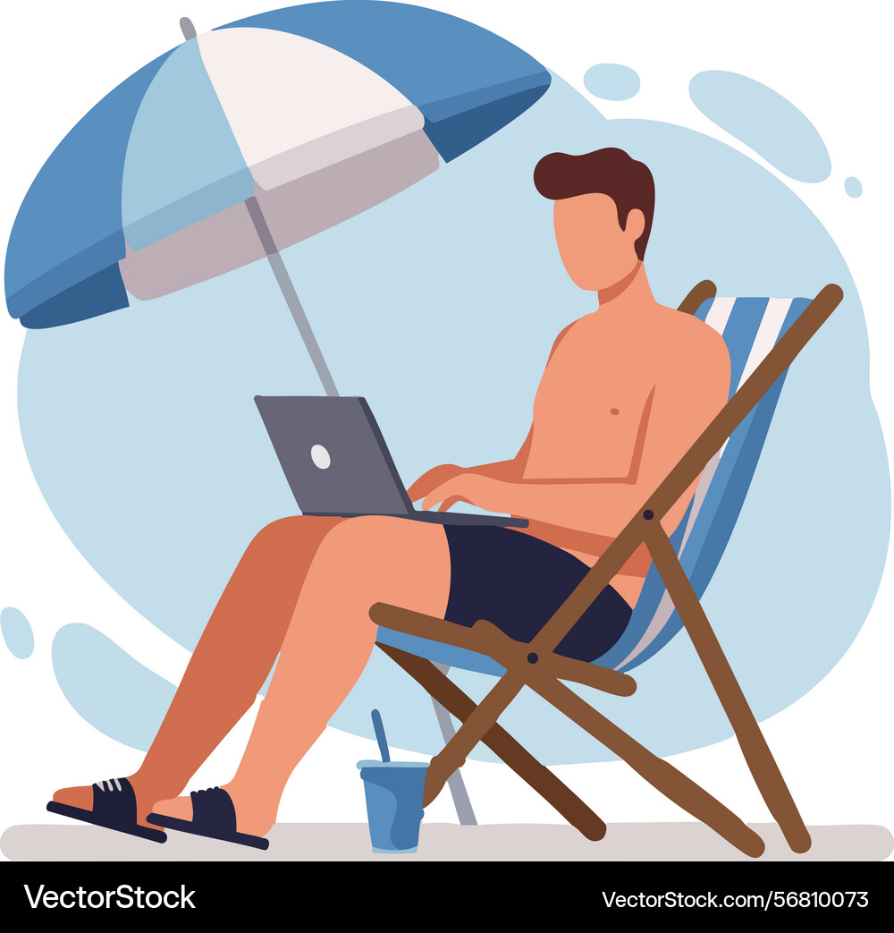 Man working remotely on laptop relaxing in beach Man working remotely on laptop relaxing in beach Vector Image
