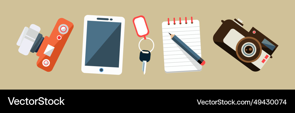 Desktop with camera tablet key and notepad Desktop with camera tablet key and notepad vector image