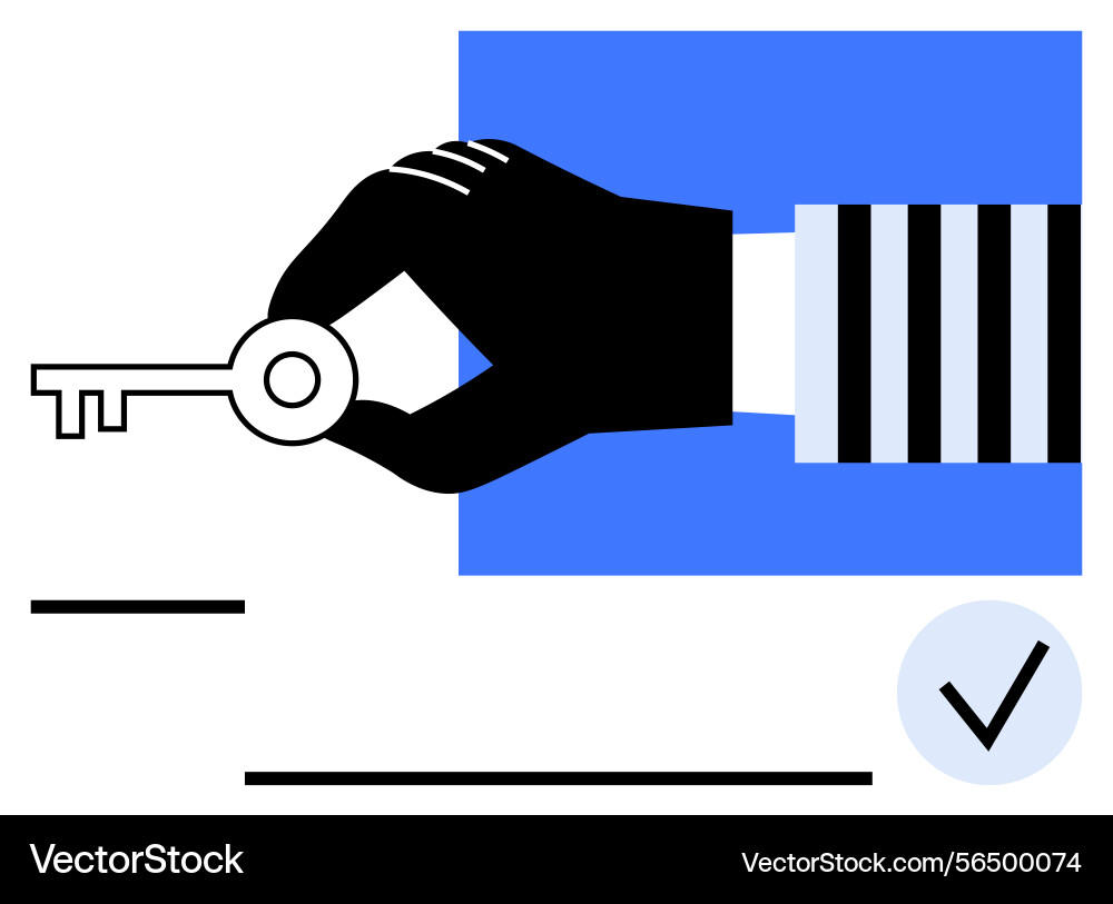Hand holding key with checkmark symbolizing access Hand holding key with checkmark symbolizing access vector image