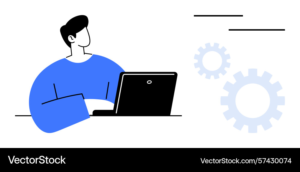 Man working on laptop with gears representing Man working on laptop with gears representing vector image