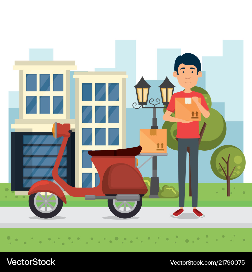 Delivery worker with motorcycle character Delivery worker with motorcycle character vector image