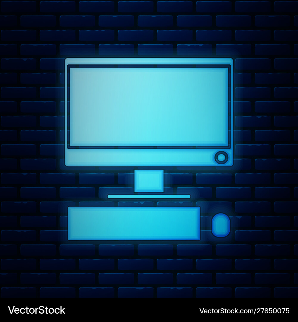 Glowing neon computer monitor with keyboard vector image