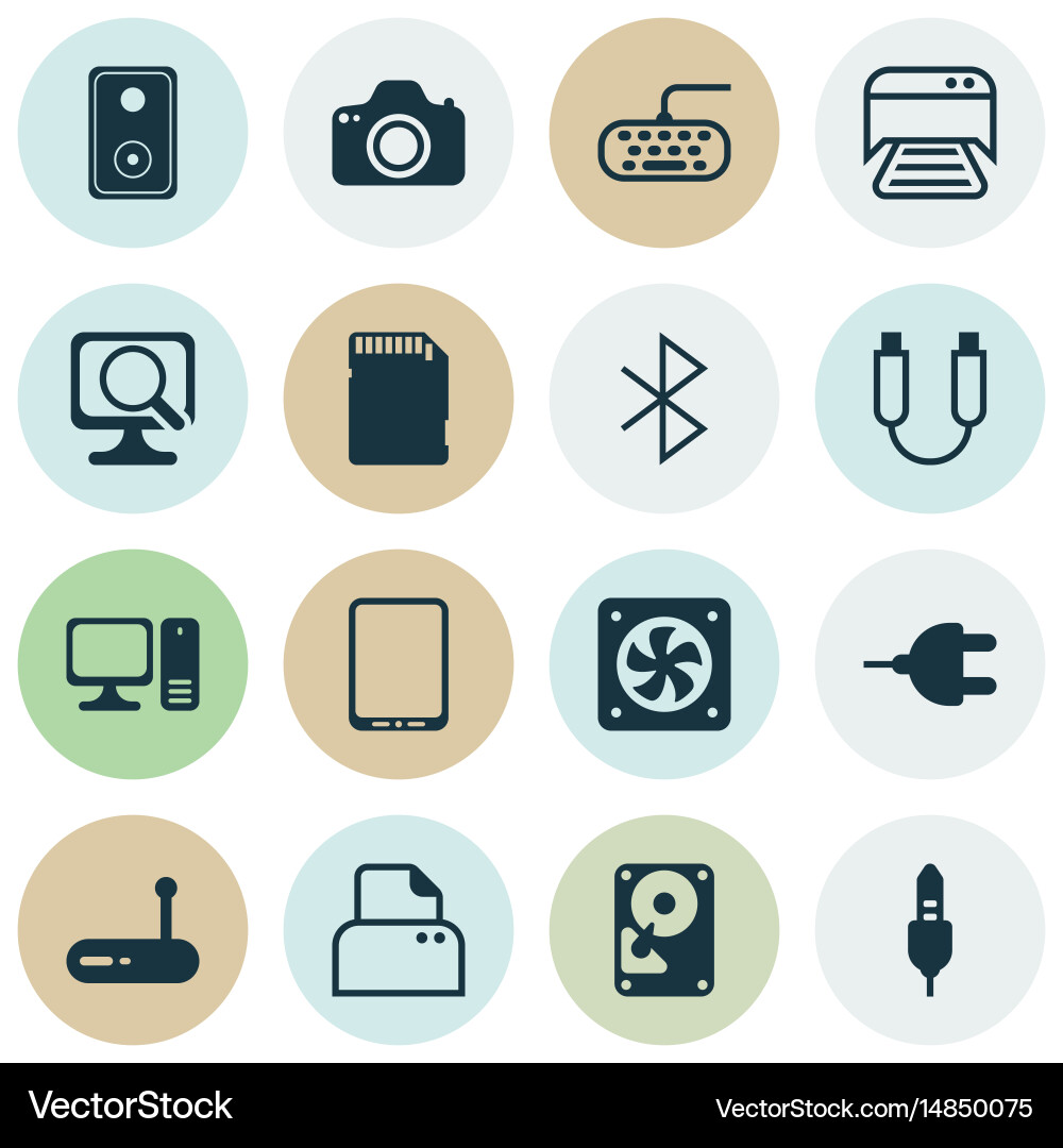 Set of 16 computer hardware icons includes laptop vector image