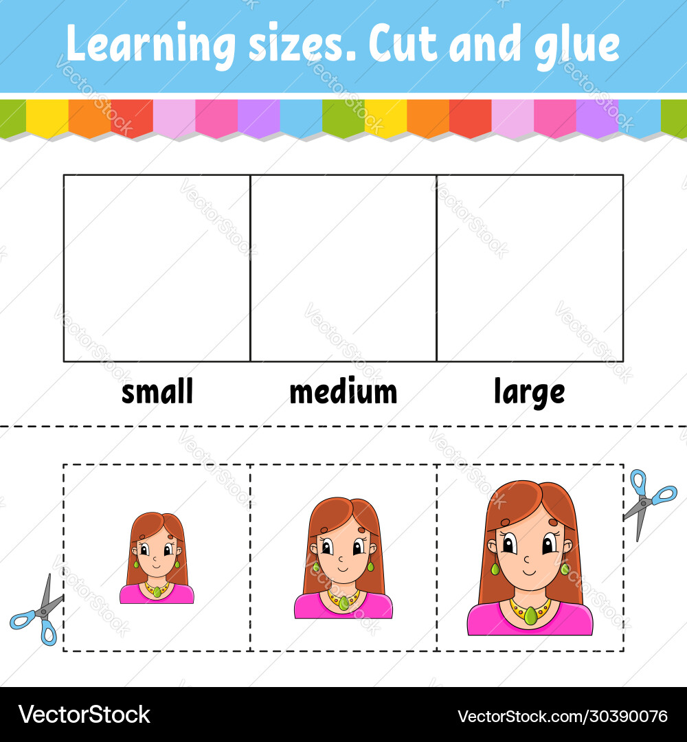Learning sizes cut and glue easy level color Learning sizes cut and glue easy level color Vector Image
