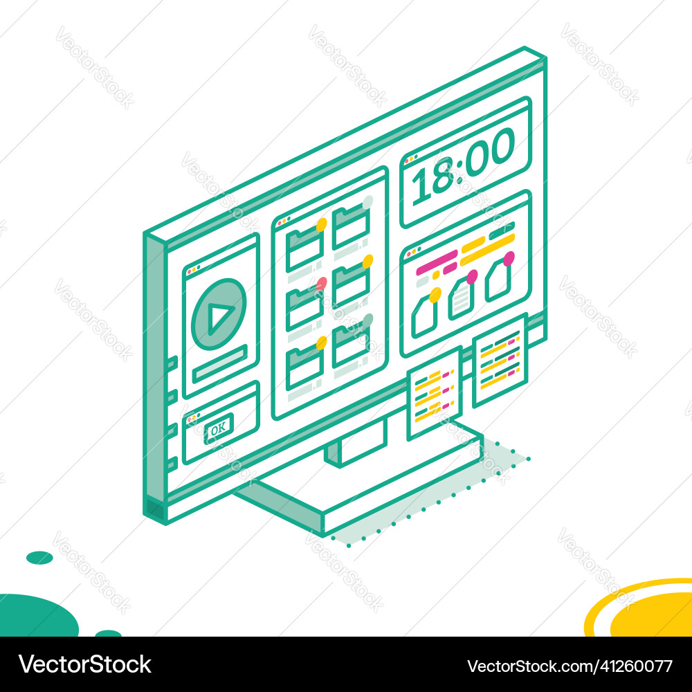 Isometric pc computer monoblock with media player Isometric pc computer monoblock with media player vector image