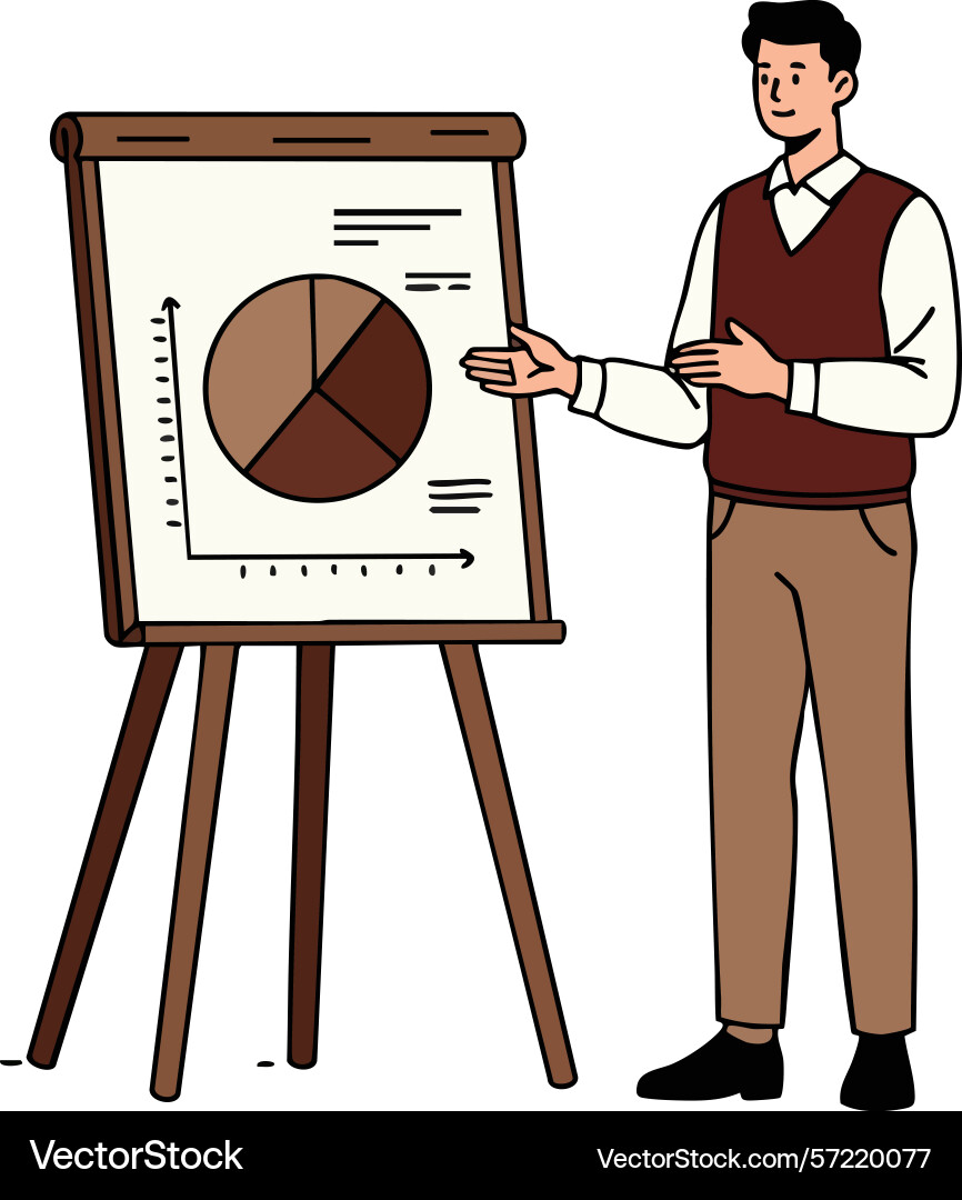 Man presenting pie chart on easel board Man presenting pie chart on easel board Vector Image