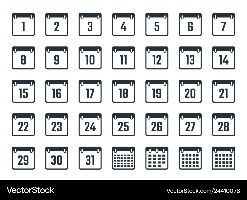 Calendar icons set with dates from 1 to 31 vector image