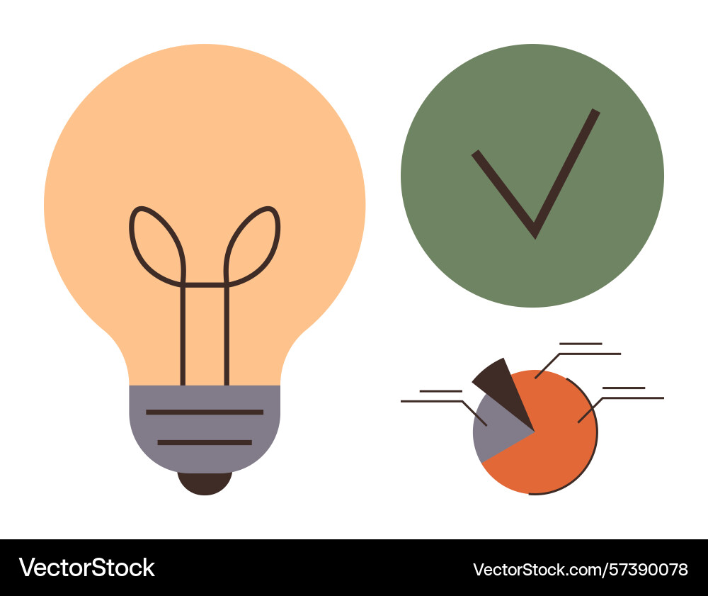 Lightbulb checkmark and pie chart representing Lightbulb checkmark and pie chart representing vector image