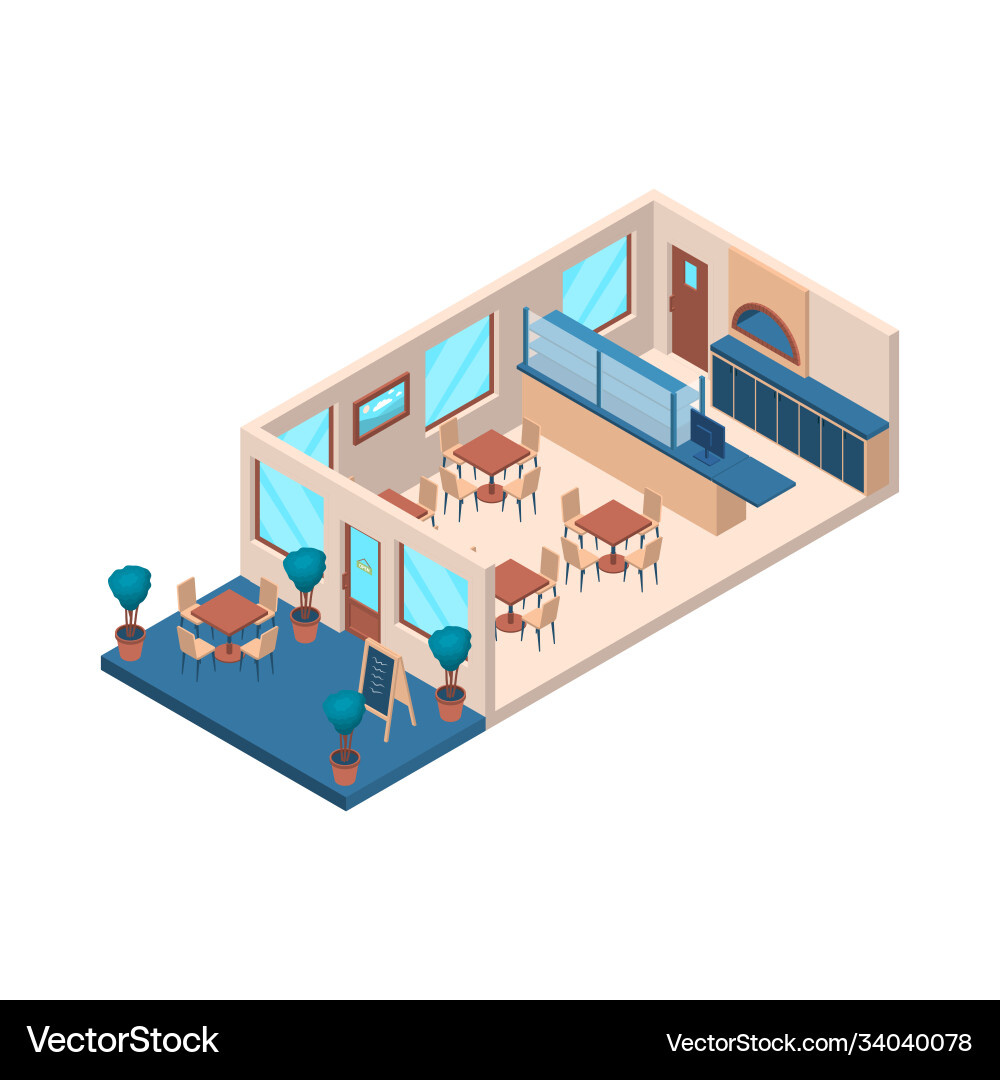 Pizzeria interior with furniture isometric view Pizzeria interior with furniture isometric view vector image