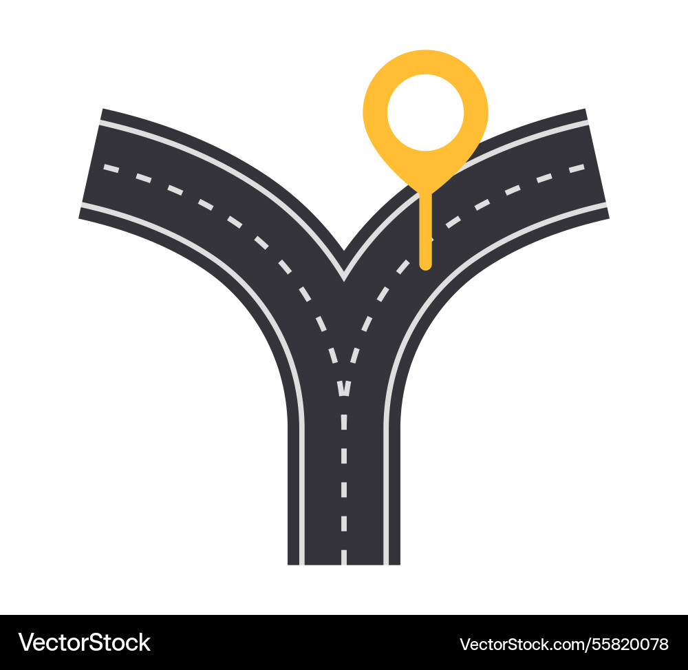 Road split with location marker Road split with location marker vector image