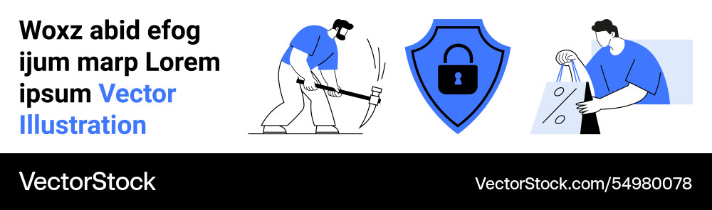 Workers using tools and lock symbol highlighting Workers using tools and lock symbol highlighting vector image
