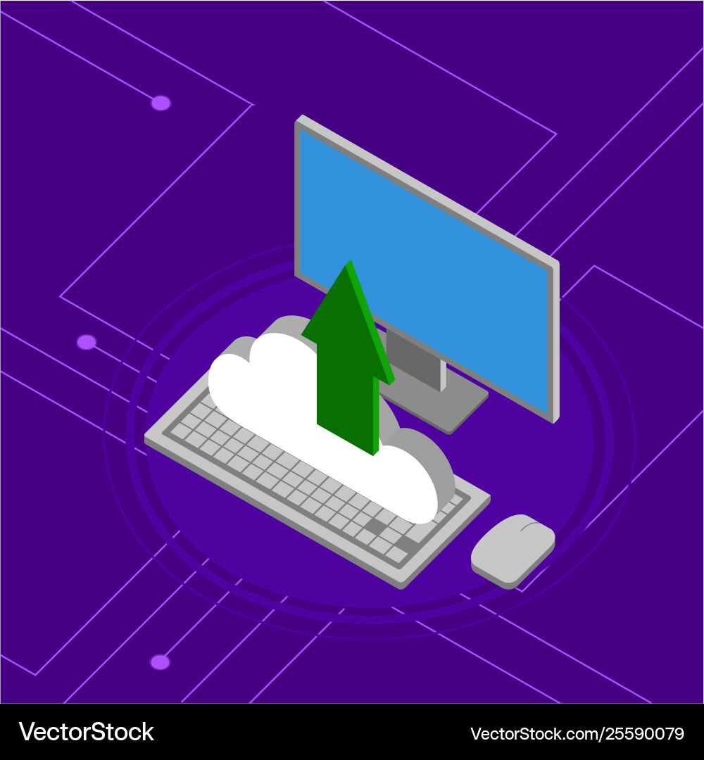 Computer uploading to a 3d cloud computing icon Vector Image