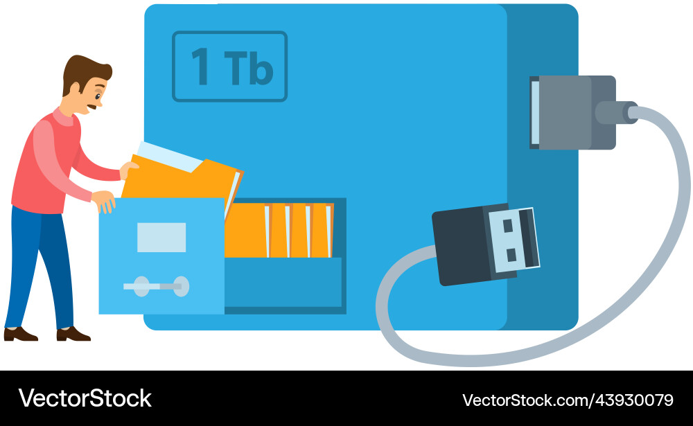 Data storage on portable device man stacking Vector Image
