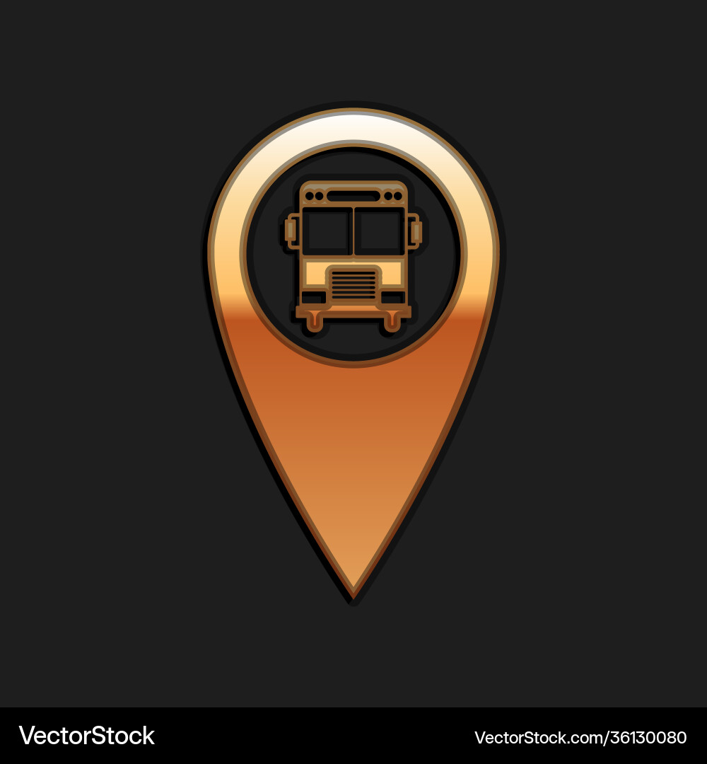 Gold map pointer with bus icon isolated on black Gold map pointer with bus icon isolated on black vector image