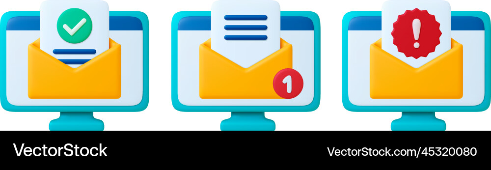 Mail client 3d icons email on computer screen Mail client 3d icons email on computer screen vector image