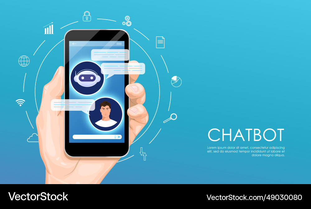 Man holding smartphone with chat bot robot Vector Image