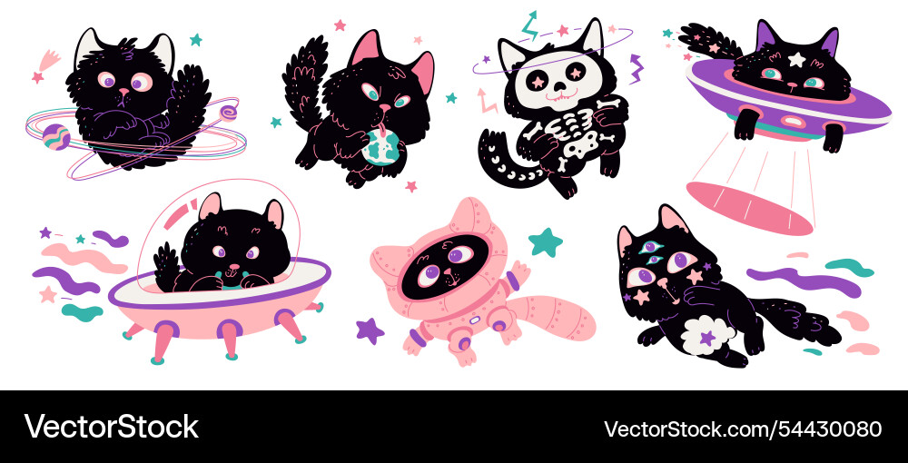 Set of space cats in different actions Set of space cats in different actions Vector Image