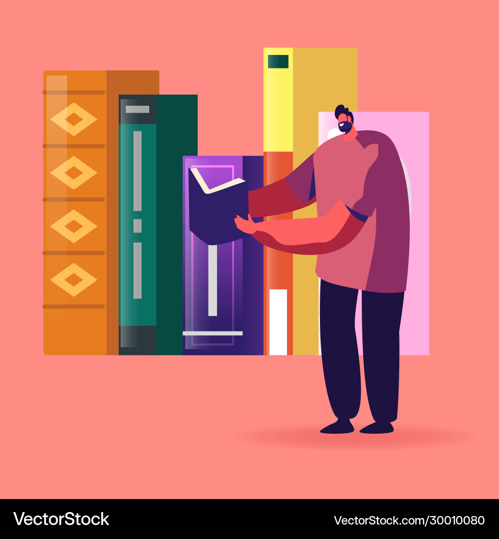 Tiny student character stand on bookshelf Tiny student character stand on bookshelf vector image