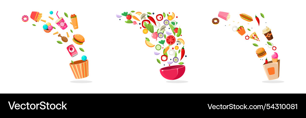 Fast food object and vegetable item floating Fast food object and vegetable item floating vector image