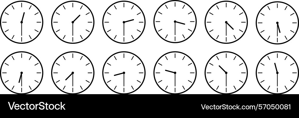 Horizontal set of analog clock icon notifying vector image
