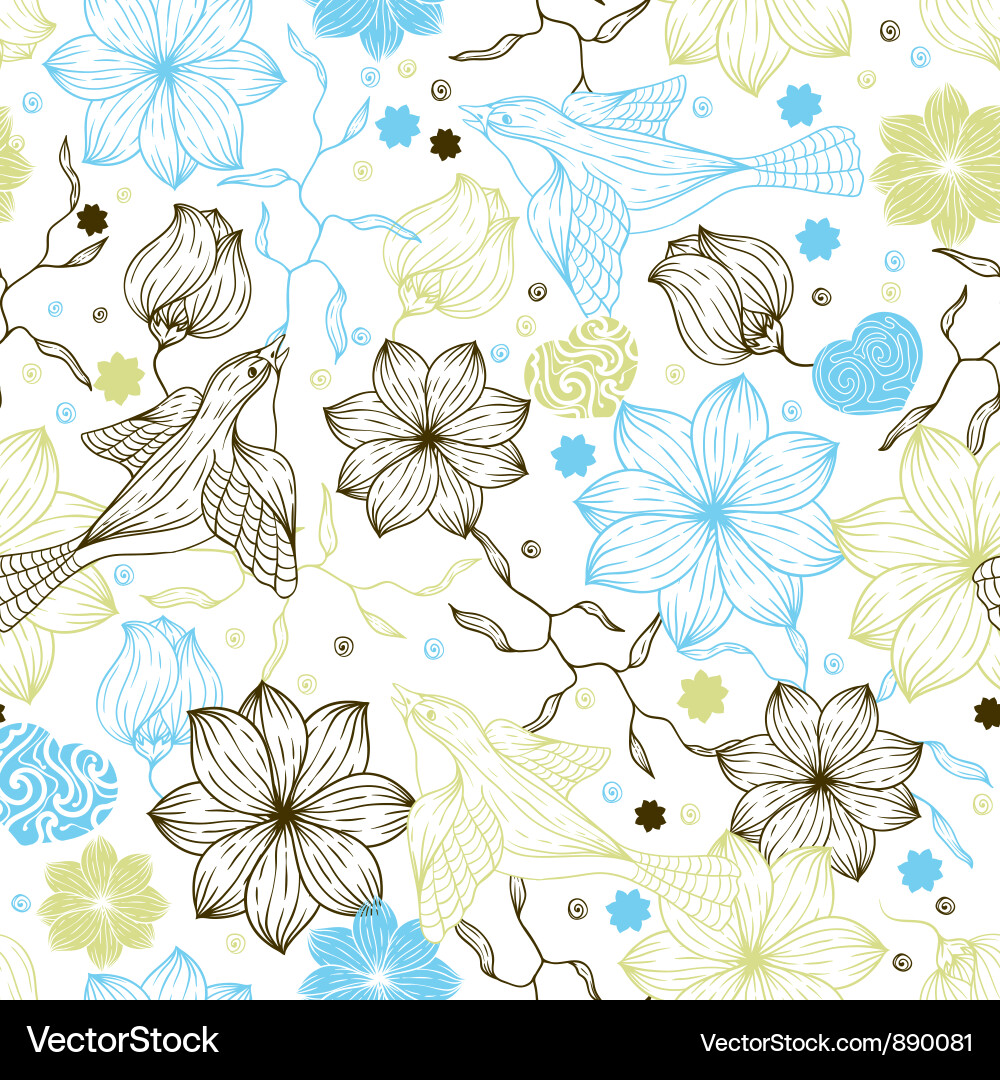 Retro seamless pattern with flowers and birds