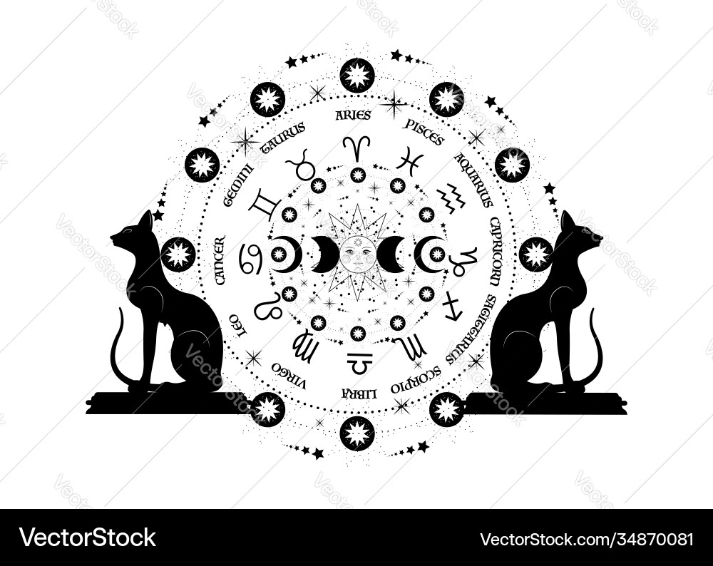 Wheel zodiac signs and egyptian black cats Wheel zodiac signs and egyptian black cats vector image