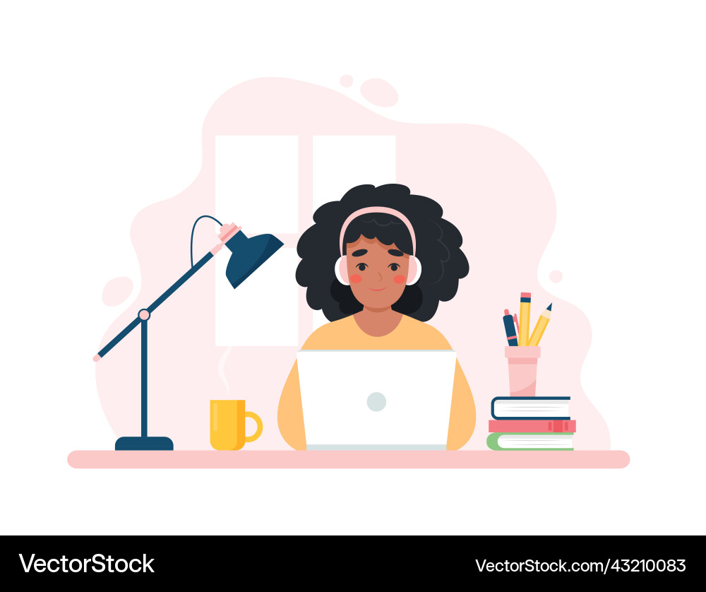 Black woman working with computer home office Black woman working with computer home office vector image