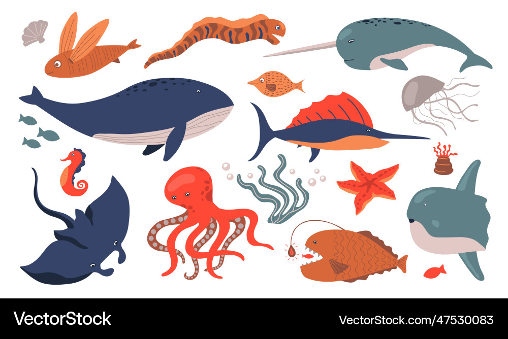 Sea animals set Royalty Free Vector Image - VectorStock