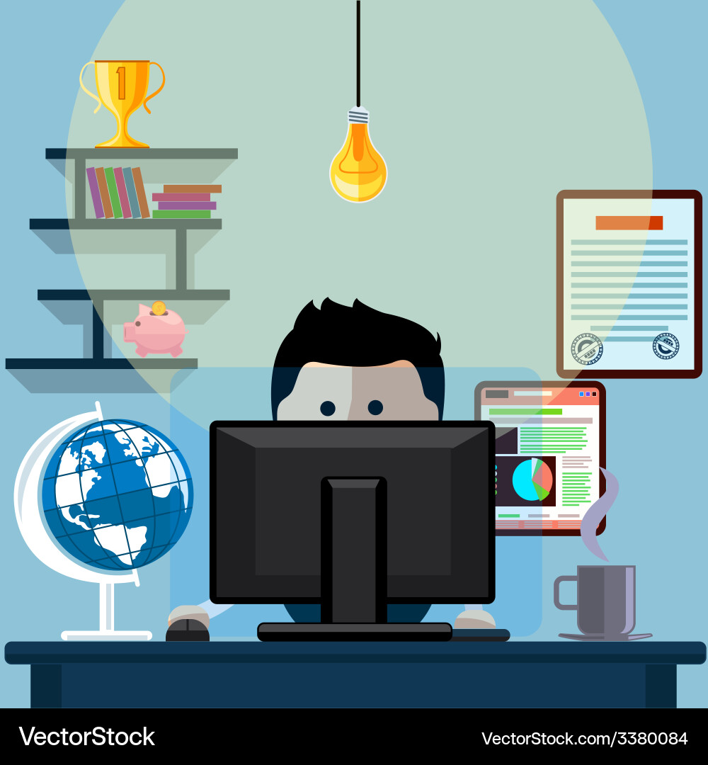 Man Working at Desk with Computer vector image