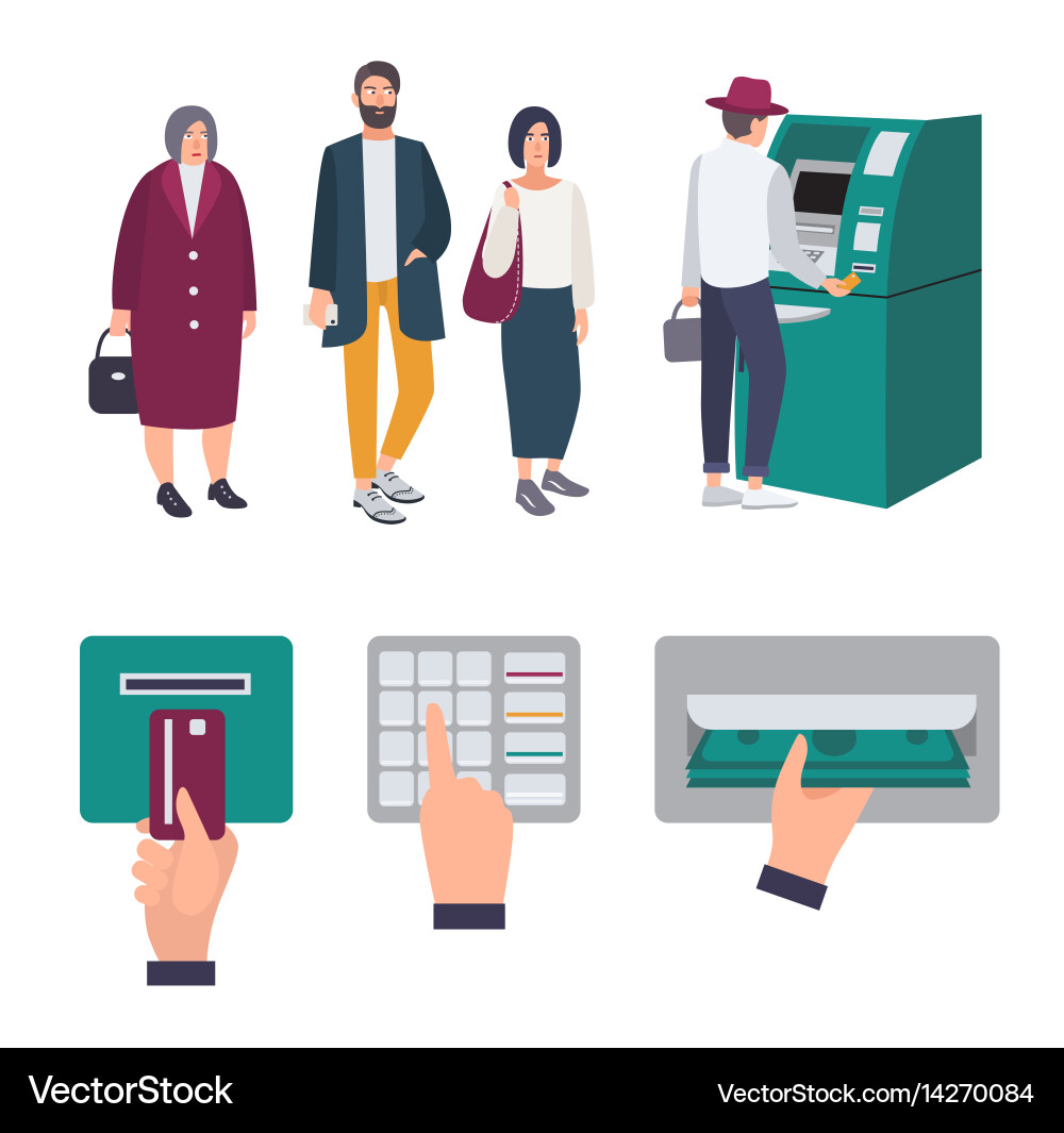 People queue near atm operations insert credit Vector Image